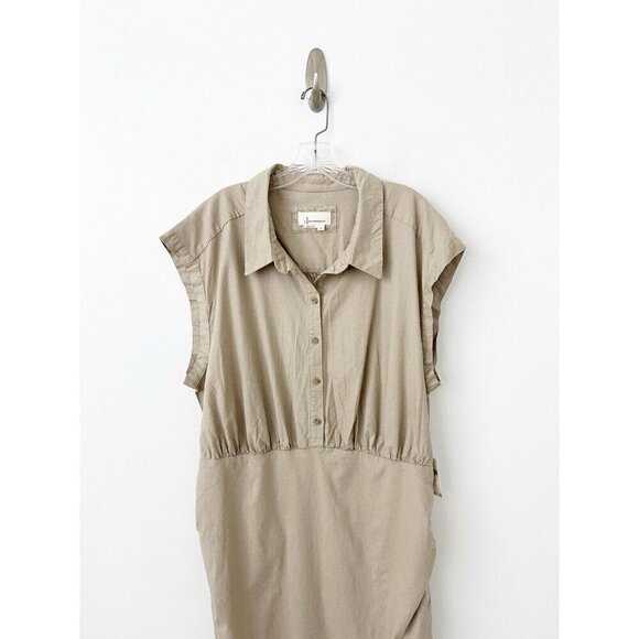 NWT Anthropologie Cap-Sleeve V-Neck Dress 2X Midi $168 Linen Blend Tan - Picture 5 of 8